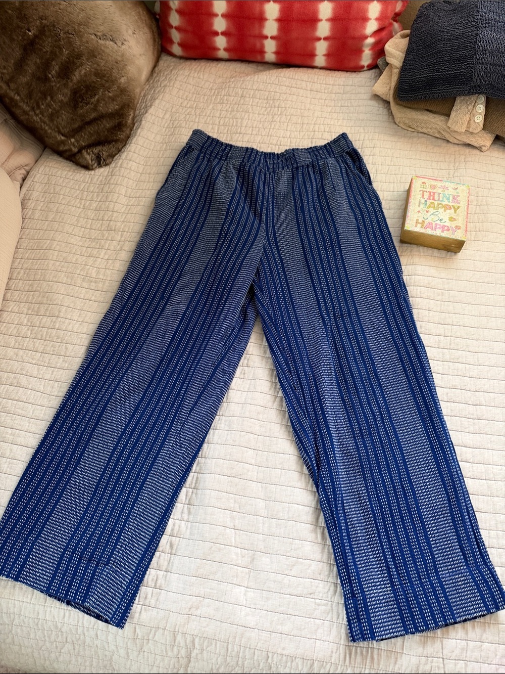 H&M blue light boho embroidered stripe pull on wide leg cotton pant M